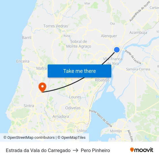 Estrada da Vala do Carregado to Pero Pinheiro map