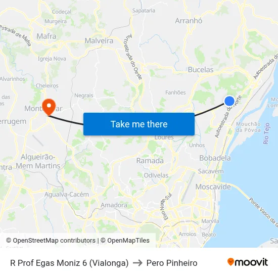 R Prof Egas Moniz 6 (Vialonga) to Pero Pinheiro map
