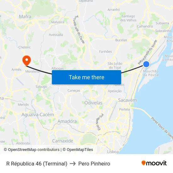 R Républica 46 (Terminal) to Pero Pinheiro map