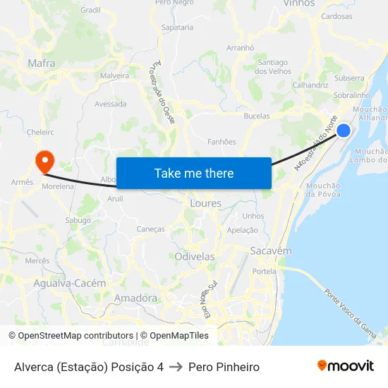 Alverca (Estação) Posição 4 to Pero Pinheiro map