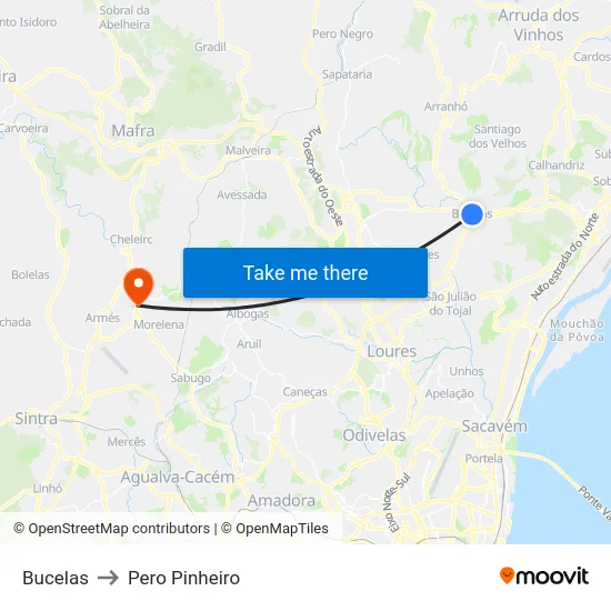 Bucelas to Pero Pinheiro map