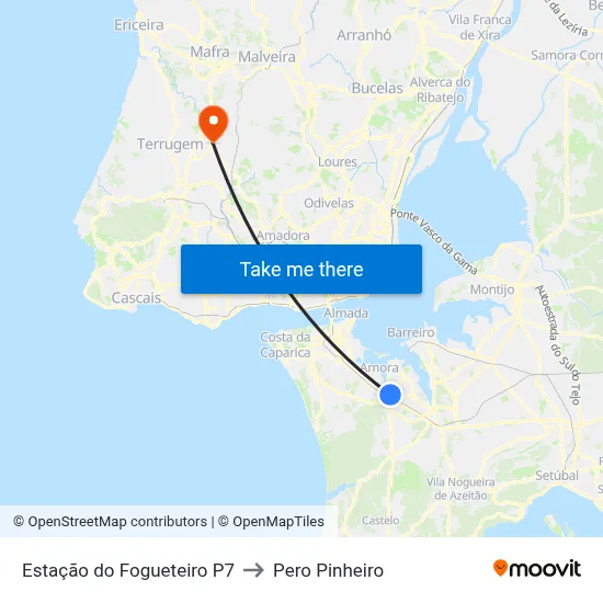 Estação do Fogueteiro P7 to Pero Pinheiro map