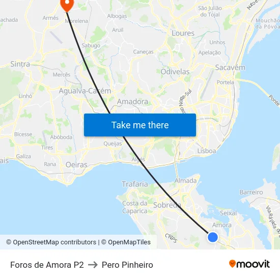 Foros de Amora P2 to Pero Pinheiro map