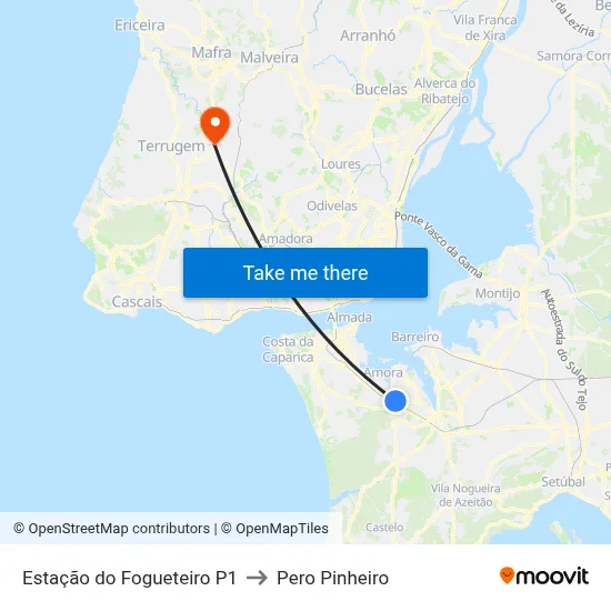 Estação do Fogueteiro P1 to Pero Pinheiro map