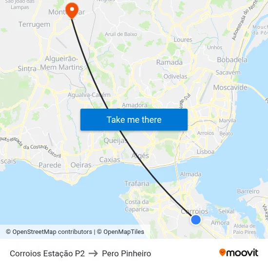 Corroios Estação P2 to Pero Pinheiro map