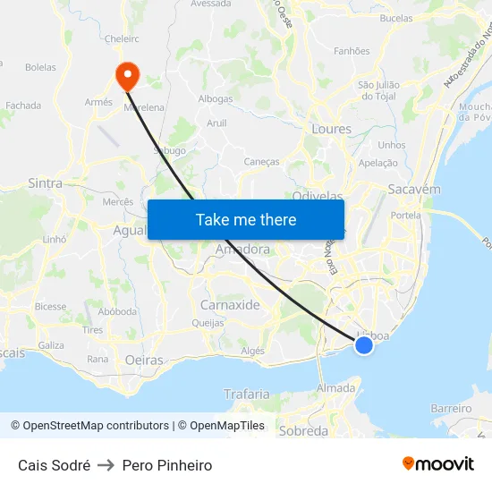 Cais Sodré to Pero Pinheiro map