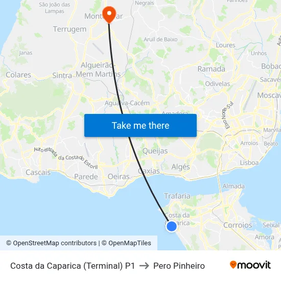 Costa da Caparica (Terminal) P1 to Pero Pinheiro map