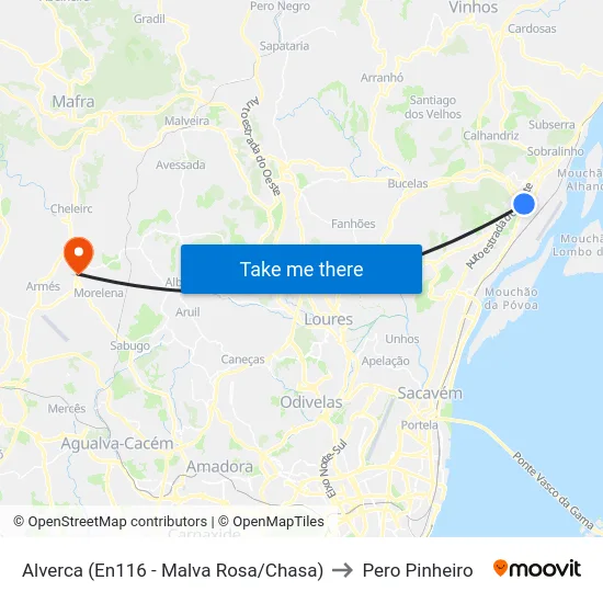 Alverca (En116 - Malva Rosa/Chasa) to Pero Pinheiro map