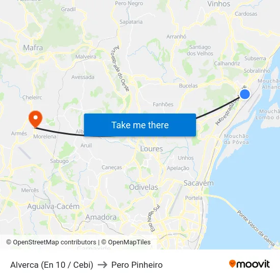 Alverca (En 10 / Cebi) to Pero Pinheiro map