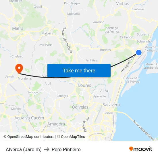 Alverca (Jardim) to Pero Pinheiro map