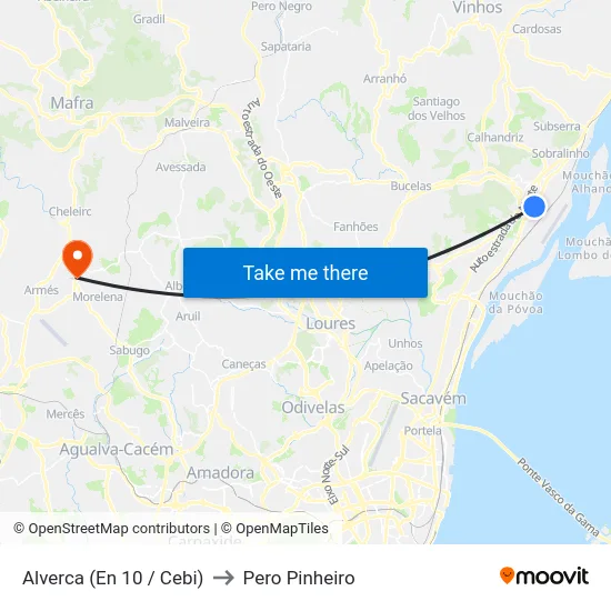 Alverca (En 10 / Cebi) to Pero Pinheiro map
