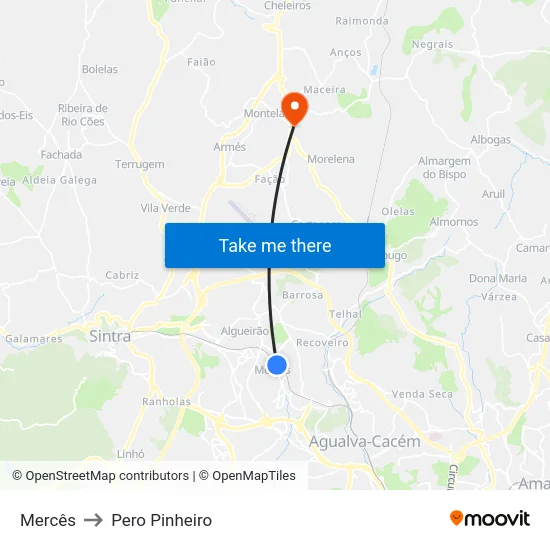 Mercês to Pero Pinheiro map