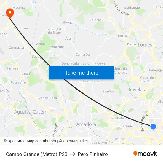 Campo Grande (Metro) P28 to Pero Pinheiro map