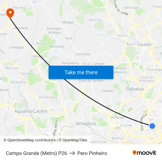 Campo Grande (Metro) P26 to Pero Pinheiro map