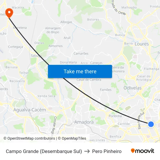 Campo Grande (Desembarque Sul) to Pero Pinheiro map