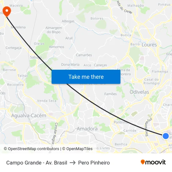 Campo Grande - Av. Brasil to Pero Pinheiro map
