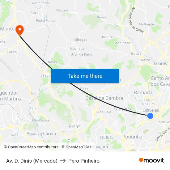 Av. D. Dinis (Mercado) to Pero Pinheiro map