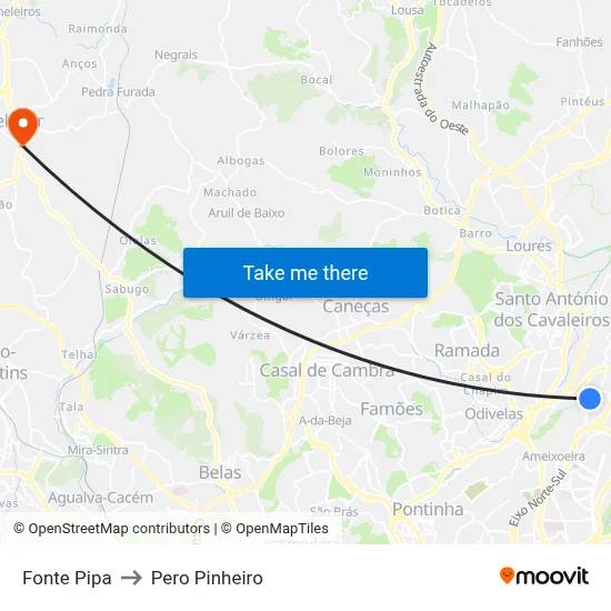 Fonte Pipa to Pero Pinheiro map