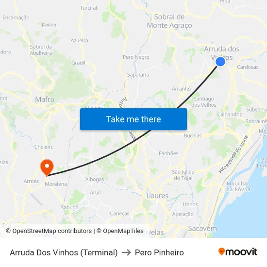 Arruda Dos Vinhos (Terminal) to Pero Pinheiro map