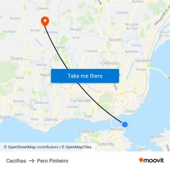 Cacilhas to Pero Pinheiro map