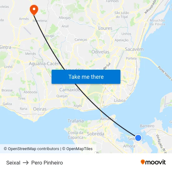 Seixal to Pero Pinheiro map