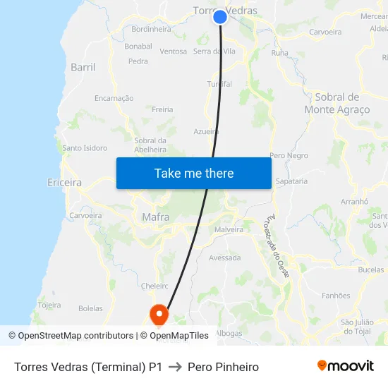 Torres Vedras (Terminal) P1 to Pero Pinheiro map