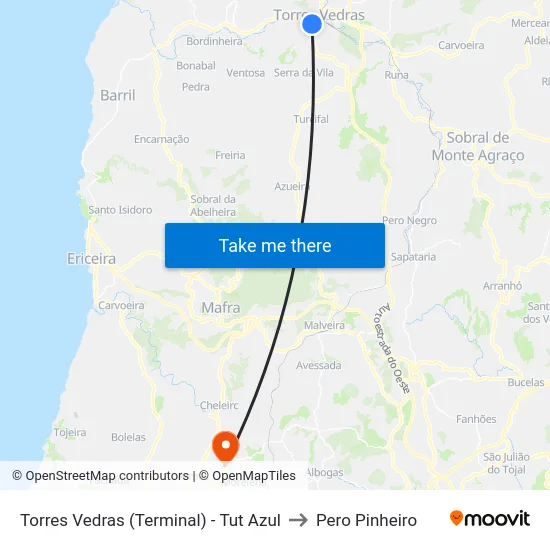 Torres Vedras (Terminal) - Tut Azul to Pero Pinheiro map