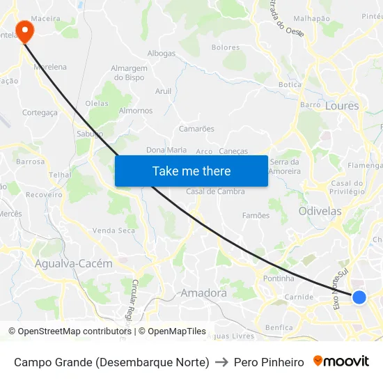 Campo Grande (Desembarque Norte) to Pero Pinheiro map