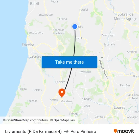 Livramento (R Da Farmácia 4) to Pero Pinheiro map