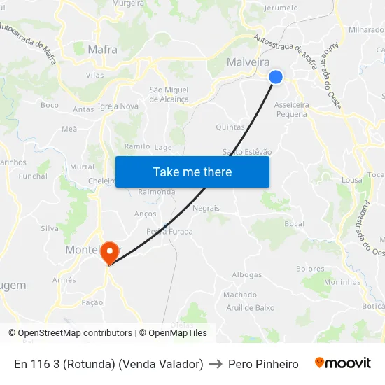 En 116 3 (Rotunda) (Venda Valador) to Pero Pinheiro map