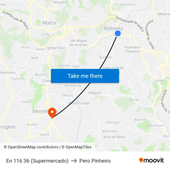 En 116 36 (Supermercado) to Pero Pinheiro map