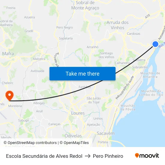 Escola Secundária de Alves Redol to Pero Pinheiro map