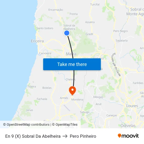 En 9 (X) Sobral Da Abelheira to Pero Pinheiro map