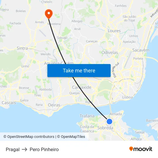 Pragal to Pero Pinheiro map