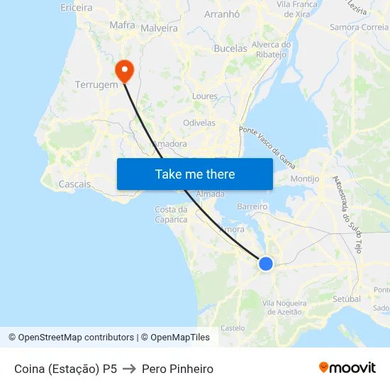 Coina (Estação) P5 to Pero Pinheiro map