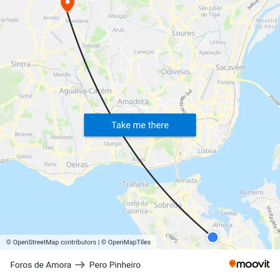 Foros de Amora to Pero Pinheiro map