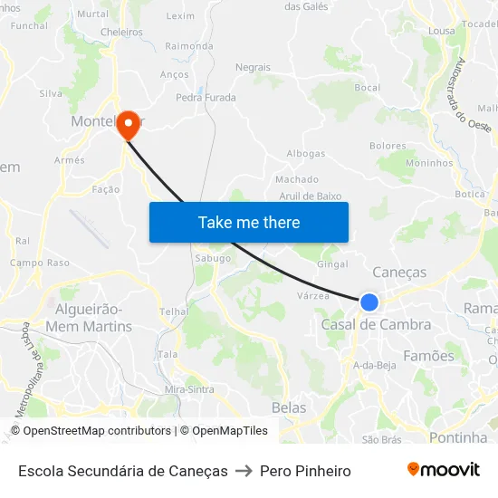 Escola Secundária de Caneças to Pero Pinheiro map