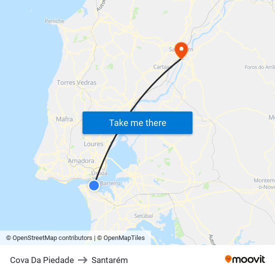 Cova da Piedade to Santarém map