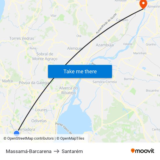 Massamá-Barcarena to Santarém map