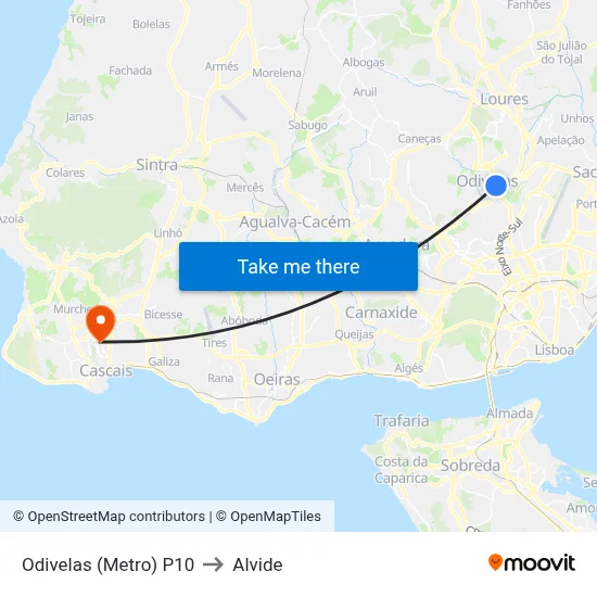 Odivelas (Metro) P10 to Alvide map