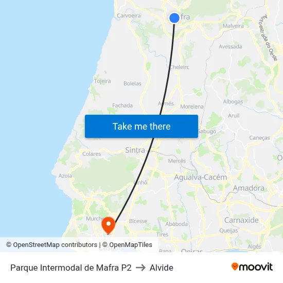 Parque Intermodal de Mafra P2 to Alvide map