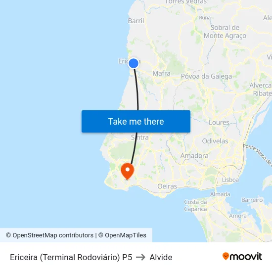 Ericeira (Terminal Rodoviário) P5 to Alvide map