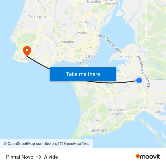 Pinhal Novo to Alvide map