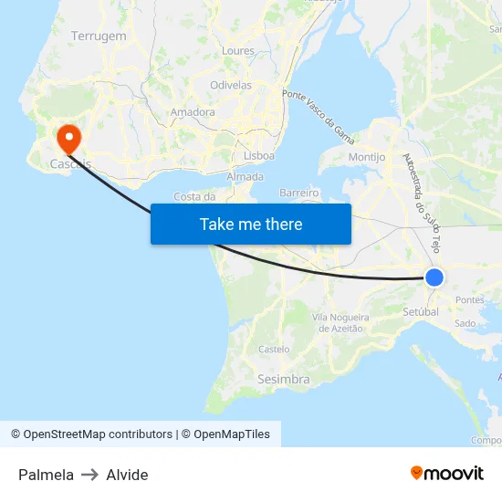 Palmela to Alvide map