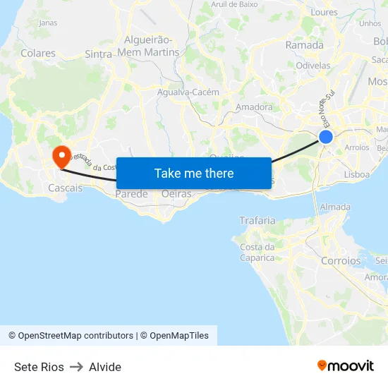 Sete Rios to Alvide map