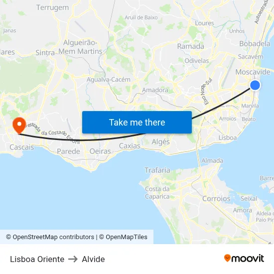 Lisboa Oriente to Alvide map