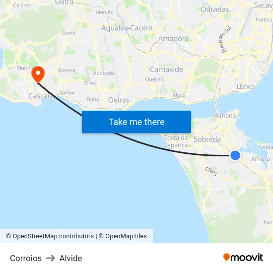 Corroios to Alvide map