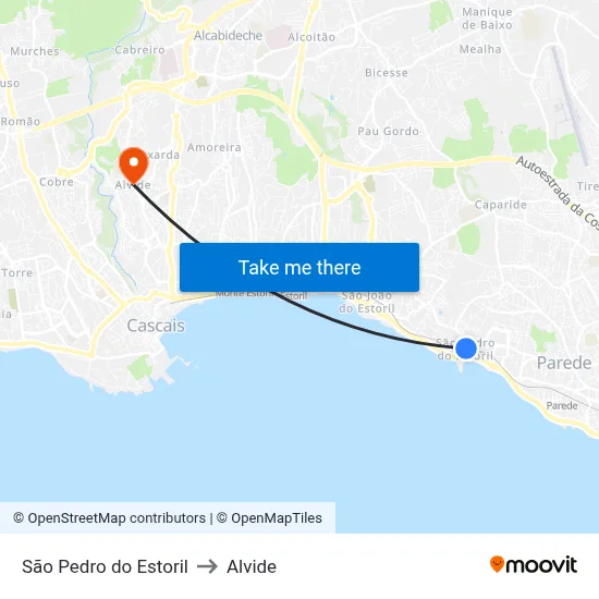 São Pedro do Estoril to Alvide map