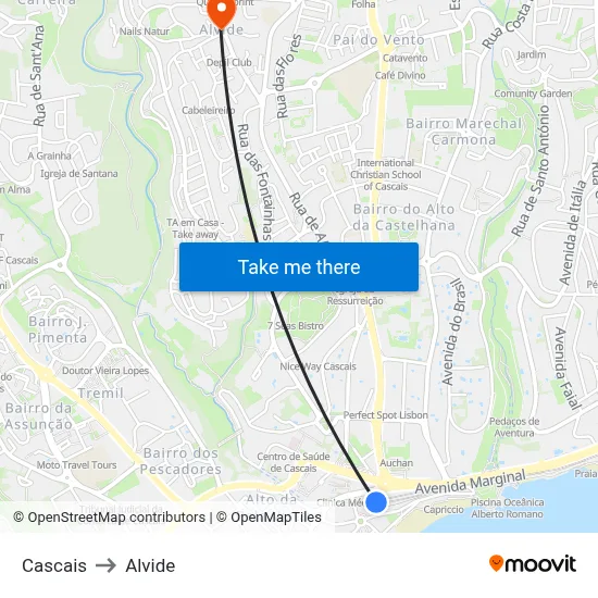 Cascais to Alvide map