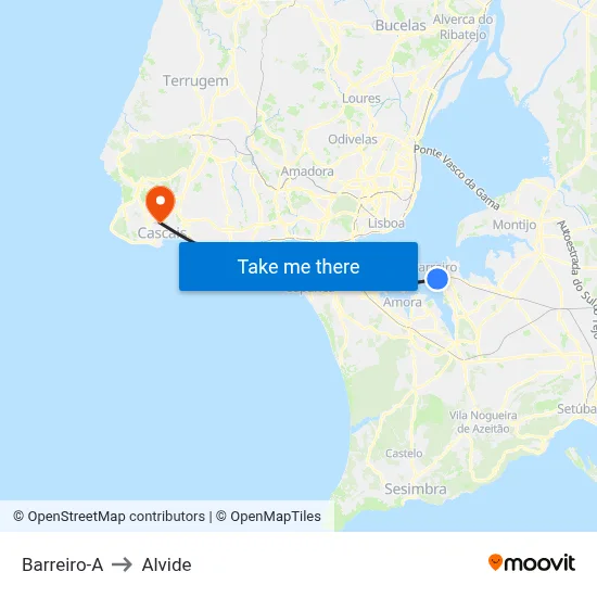 Barreiro-A to Alvide map